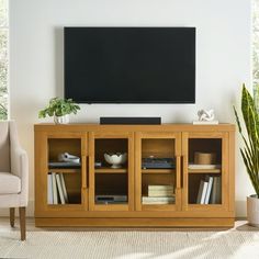 a living room with a large television mounted on the wall next to a chair and potted plant