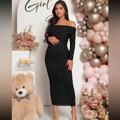 Super Cute And Stylish Ships In 5-10 Business Days Black Ruched Off-shoulder Maxi Dress, Maternity Fashion Dresses, Dresses Maternity, Rose Dresses, Rose Black, Rose Dress, Maternity Fashion, Maternity Dresses, Colorful Dresses