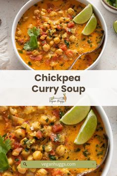 two bowls filled with chickpea curry and garnished with cilantro