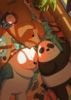 two cartoon pandas cuddle together in front of a television screen with other animated characters