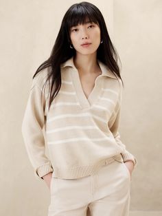 Textured Johnny-Collar Sweater | Banana Republic Factory Beige V-neck Sweater With Ribbed Cuffs, V-neck Polo Sweater With Ribbed Cuffs For Work, Relaxed Fit V-neck Polo Sweater For Work, V-neck Relaxed Fit Polo Sweater For Work, Spring V-neck Polo Sweater With Ribbed Collar, Corporate Girl, Arm Cuffs, Johnny Collar, Sweaters And Cardigans