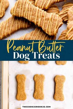 peanut butter dog treats on a baking sheet with the title text overlay reads, peanut butter dog treats