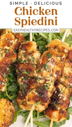 grilled chicken skewers on a bed of greens with the title above it