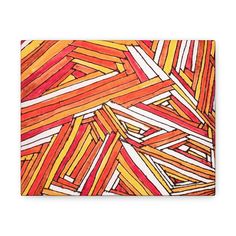 an orange and red abstract painting on canvas with white border, in the shape of strips