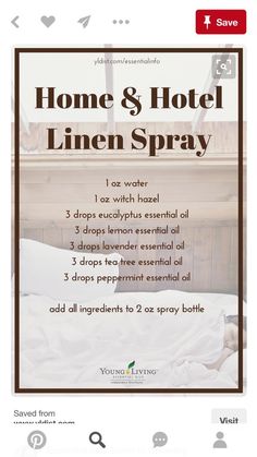 Essential Oil Sprays, Linen Spray Recipe, Linen Spray Essential Oils, Pinstripe Bedding, Essential Oil Spray Recipes, Hotel Linen, Essential Oil Combinations, Essential Oil Diffuser Blends Recipes, Perfume Recipes