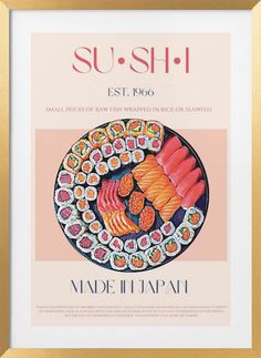 the sushi menu is displayed in a gold frame