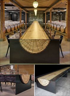 several photographs of different tables and chairs in a wine cellar