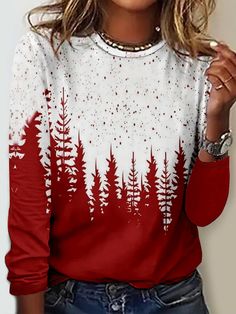 Buy Inexpensive T-shirts at Zolucky online store, SPU: 29418T-9L9BDB, Color: Red, Pattern:Christmas, Silhouette:H-Line. Cheap Long Sleeve T-shirt For Holidays, Festive Long Sleeve Holiday T-shirt, Casual Long Sleeve Christmas T-shirt, Red Long Sleeve Winter T-shirt, Festive Long Sleeve Christmas T-shirt, Christmas Silhouette, Christmas Long Sleeve Shirts, Trendy Christmas Outfits, Long Sleeve Tees Women