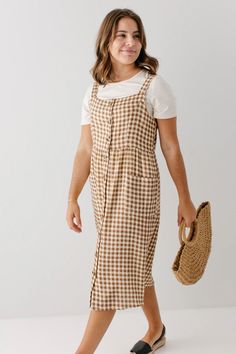 'Cora' Cotton Gingham Pinafore Dress – The Main Street Exchange Picnic On The Beach, Try Everything, Day At The Park, Vacation Looks, 3 Pm, A Picnic, Pinafore Dress, Beach Picnic, Model Height