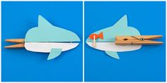 two pictures of scissors and a shark cut out of paper on a blue background, one with an orange fish sticking out of it's mouth