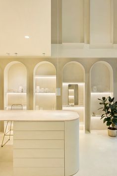 a kitchen with white counter tops and arches on the wall, along with a potted plant