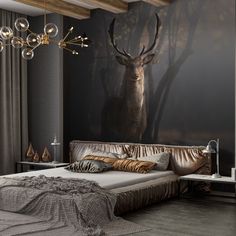 a deer head mounted on the wall above a bed in a room with dark walls