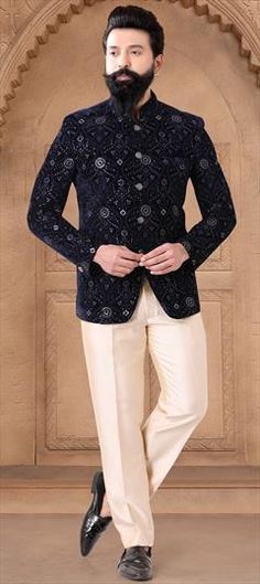 Blue color Jodhpuri Suit in Velvet fabric with Embroidered, Sequence, Thread work Blue Chikankari Embroidered Nehru Jacket For Reception, Blue Chikankari Embroidery Kurta For Reception, Blue Unstitched Suit With Chikankari Embroidery For Reception, Blue Kurta With Chikankari Embroidery For Reception, Traditional Blue Bandhgala With Chikankari Embroidery, Blue Chikankari Embroidery Unstitched Suit For Reception, Blue Bandhgala With Chikankari Embroidery For Festive Occasions, Blue Chikankari Embroidered Kurta For Reception, Traditional Blue Nehru Jacket With Chikankari Embroidery