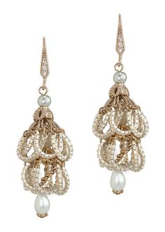 Pearl accented, chain draped vintage two tier drop earrings, Antique g Antique Jewelry Intricate Drop Earrings, Antique Pearl Drop Dangle Earrings, Luxury Vintage Pearl Drop Jewelry, Ornate Gold Chandelier Earrings With Pearl Drop, Vintage Pearl Drop Chandelier Earrings, Vintage Drop Earrings, Framed Jewelry, Vintage Closet, Earrings Antique