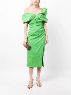 Rachel Gilbert Gia Ruched Midi Dress - Farfetch Moh Dress, Bohemian Wedding Guest, Midi Dress Green, Rachel Gilbert, The Rachel, Yoko London, City Dress, Ruched Midi Dress, Ruched Bodice