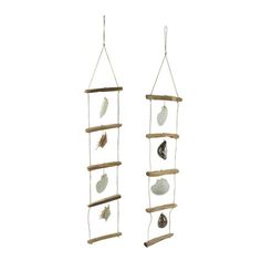 two wind chimes with shells hanging from the top and one is made out of wood