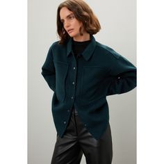 Green twill (50% Wool, 50% Polyester). Jacket. Long sleeves. Collar. Front button closure. Imported. Green Shacket, Polyester Jacket, Rent The Runway, Jacket Long, Closet Designs, Long Sleeves, Wool, Collar, Long Sleeve