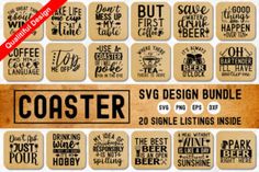 the coasters are designed to look like they have been made with different font styles