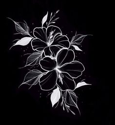 a black and white photo of flowers with leaves on it's petals, in the dark