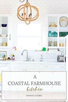 a coastal farmhouse kitchen is featured in this magazine