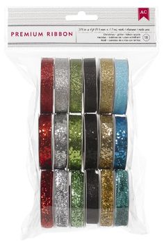 6 rolls of glitter ribbon in assorted colors