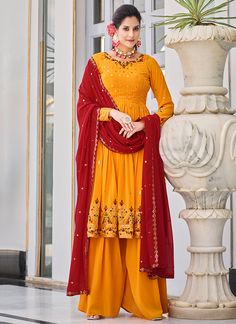 Orange And Red Sequence Embroidery Anarkali Palazzo Suit Sharara Suit Designs, Anarkali Lehenga Gowns, Embroidery Anarkali, Anarkali Tops, Red Dupatta, Georgette Material, Indian Dresses Online, Anarkali Lehenga, Palazzo Suit