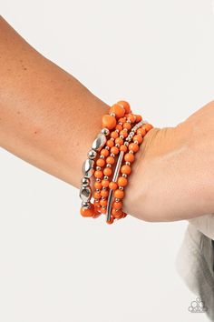 Infused with dainty silver beads, a mismatched collection of refreshing orange and shiny silver beads are threaded along stretchy bands around the wrist for a colorfully layered look. Sold as one set of five bracelets. Orange Bracelet, White Bracelets, Kids Earrings, Paparazzi Accessories, Vintage Orange, Stretchy Bracelets, Paparazzi Jewelry, Vintage Bracelets, Shiny Silver