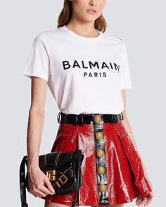 Balmain Blanc Logo T-Shirt Crewneck Gold tone statement button detail at left shoulder Short sleeves Balmain logo graphic detail Regular fit Straight hem 100% cotton Balmain Shirt, Balmain Logo, Evening Jumpsuit, Balmain Paris, Fashion Board, Women Men Shoes, Casual Blazer, Logo Graphic, Logo T Shirt