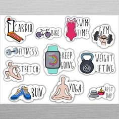 various stickers with different types of items on them, including water bottles and gym equipment