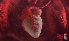 a knitted heart hanging from a red scarf with pink and white yarn on it