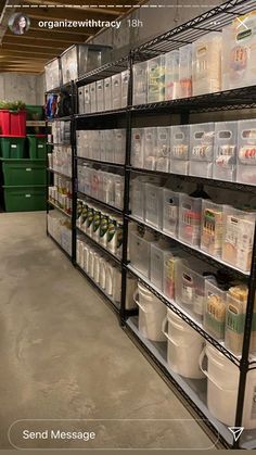 the shelves are filled with plastic containers