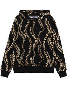 black/gold-tone cotton jersey texture Chain Couture print drawstring hood drop shoulder long sleeves ribbed cuffs and hem Luxury Hoodie Sweatshirt, Luxury Long Sleeve Hoodie For Fall, Gold Long Sleeve Sweatshirt For Fall, Luxury Long Sleeve Hoodie With Ribbed Cuffs, Gold Long Sleeve Sweatshirt For Winter, Luxury Sweatshirt With Drawstring Hood, Luxury Hooded Sweatshirt With Graphic Print, Luxury Washed Black Hooded Sweatshirt, Luxury Black Graphic Print Sweatshirt