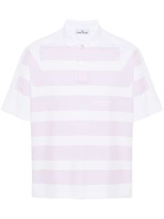 white/light pink cotton jersey texture horizontal stripe pattern to the front polo collar short sleeves logo print to the front short side slits straight hem front button placket Summer Cotton Polo Shirt With Vertical Stripes, Cotton Polo Shirt With Vertical Stripes For Summer, Summer Striped Collar Polo Shirt, White Collared Polo Shirt With Signature Stripes, Cotton Summer Polo Shirt With Horizontal Stripes, Striped Polo Shirt With Ribbed Collar For Summer, Summer Striped Polo Shirt, Striped Polo Shirt With Ribbed Collar, White Horizontal Stripe Polo Shirt For Summer