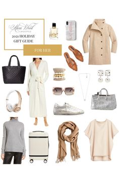 a woman's holiday gift guide for her with accessories and shoes, including a white coat