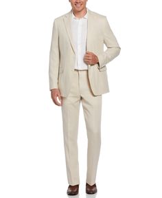 Complete your look with this Cubavera linen suit jacket for men. This smart jacket is made from breathable linen for a lightweight layer that’s perfect in the warmer weather. Flap pockets offer on-the-go storage space, and a two-button closure allows for easy on and off. This men’s jacket features a clean and contemporary single-breasted silhouette with a notched collar for a fashionable finishing touch. Pair it with the matching 100% Linen Solid Flat Front Pant in Oatmeal. 100% Linen Classic Fi Beige Linen Blazer For Business Occasions, Beige Linen Blazer With Welt Pockets, Formal Beige Linen Sport Coat, Classic Beige Linen Blazer, Cream Linen Single-breasted Suit, Classic Beige Linen Suits, Fitted Linen Blazer In Neutral Color, Fitted Neutral Linen Blazer, Beige Linen Suit With Welt Pockets