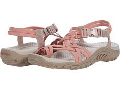 SKECHERS Reggae - Irie Mon - Women's Shoes : Taupe/Coral : The SKECHERS Reggae - Irie Mon sandal boasts comfort and eye-catching style with a river-style design, woven straps, and an open toe. Stretch fabric upper material. Quick-access buckle closure at the ankle. Adjustable side tab offers a custom fit. Breathable fabric strap lining. Contoured and cushioned insole lends to all-day comfort. Shock-absorbing midsole. Flexible rubber traction outsole. Imported. Measurements: Weight: 8 oz Product Comfortable Sandals For Women, Shoes Wishlist, River Style, Nike Fashion Sneakers, Shoe Wishlist, Orthopedic Shoes, Walking Shoes Women, Fabric Strap, Shoe Fits