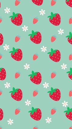 a green background with strawberries and daisies