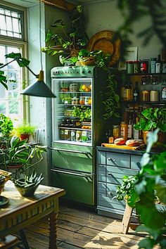 a green refrigerator in a kitchen with lots of plants