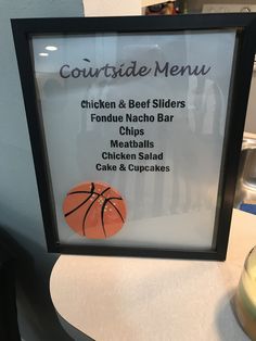 a menu for a restaurant with a basketball on it