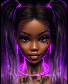 a digital painting of a woman with purple hair and piercings on her chest, looking at the camera