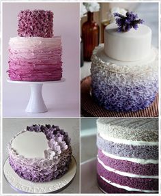 the cake is decorated with purple and white icing, and has flowers on top