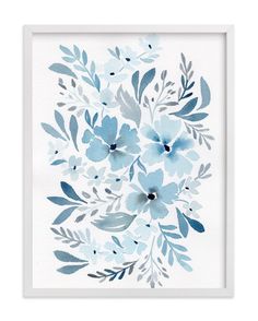 watercolor painting of blue flowers on white paper