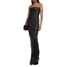 black strapless leather dress with rare single vent and Luxury Evening Dress For Date Night, Luxury Strapless Maxi Dress For Formal Events, Luxury Black Strapless Dress, Elegant Floor-length Strapless Dress For Night Out, Chic Long Strapless Dress For Party, Chic Strapless Evening Dress For Formal Occasions, Chic Strapless Formal Evening Dress, Elegant Strapless Floor-length Dress For Date Night, Black Strapless Floor-length Dress For Night Out