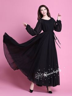 Chiffon Black Autumn Long Sleeve Party Big Hem Dress Evening Wedding Maternity Lightweight Holiay Beach Bridesmaid Maxi Skirt Detail Info: ❤ Color: Black More color choice link: https://www.etsy.com/listing/213656440/chiffon-dress-color-card?ref=shop_home_feat_1 Please just note the color you want with order, we will make according to your note. ❤ Material: Chiffon ❤ The dress doesn't limit the chest size and waitst size, arm hole 45cm (if your upper arm circle circumference is more than 40cm, p Flowy Black Floor-length Chiffon Dress, Modest Chiffon Maxi Dress For Party, Black Floor-length Chiffon Dress, Long-sleeved Black Bridesmaid Dress, Black Long-sleeve Bridesmaid Dress, Flowy Black Chiffon Maxi Dress, Summer Wedding Black Chiffon Dress, Modest Chiffon Party Dress, Flowy Black Chiffon Dress For Wedding