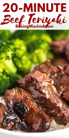 beef teriyaki with broccoli and rice in a white bowl on a table