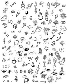 a collection of hand drawn doodles on white paper with black and white ink, including symbols