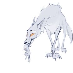 a drawing of a white wolf with an orange spot in it's mouth and tail