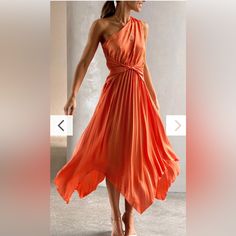 Never Worn, Too Small. Ordered Size L, Snug Around Bust (36d). One-shoulder Pleated Dress For Brunch, Chic Orange Pleated Midi Dress, Orange Pleated Party Dress, Pleated Orange Party Dress, Elegant Orange Maxi Dress For Brunch, Chic Orange One-shoulder Maxi Dress, Elegant Orange Ruched Midi Dress, Elegant Orange Flowy Midi Dress, Elegant Flowy Orange Midi Dress