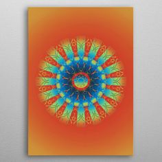 an orange, blue and yellow circular design on a white wall with a red background