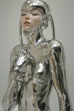 a shiny silver female mannequin sitting on top of a white table next to a wall